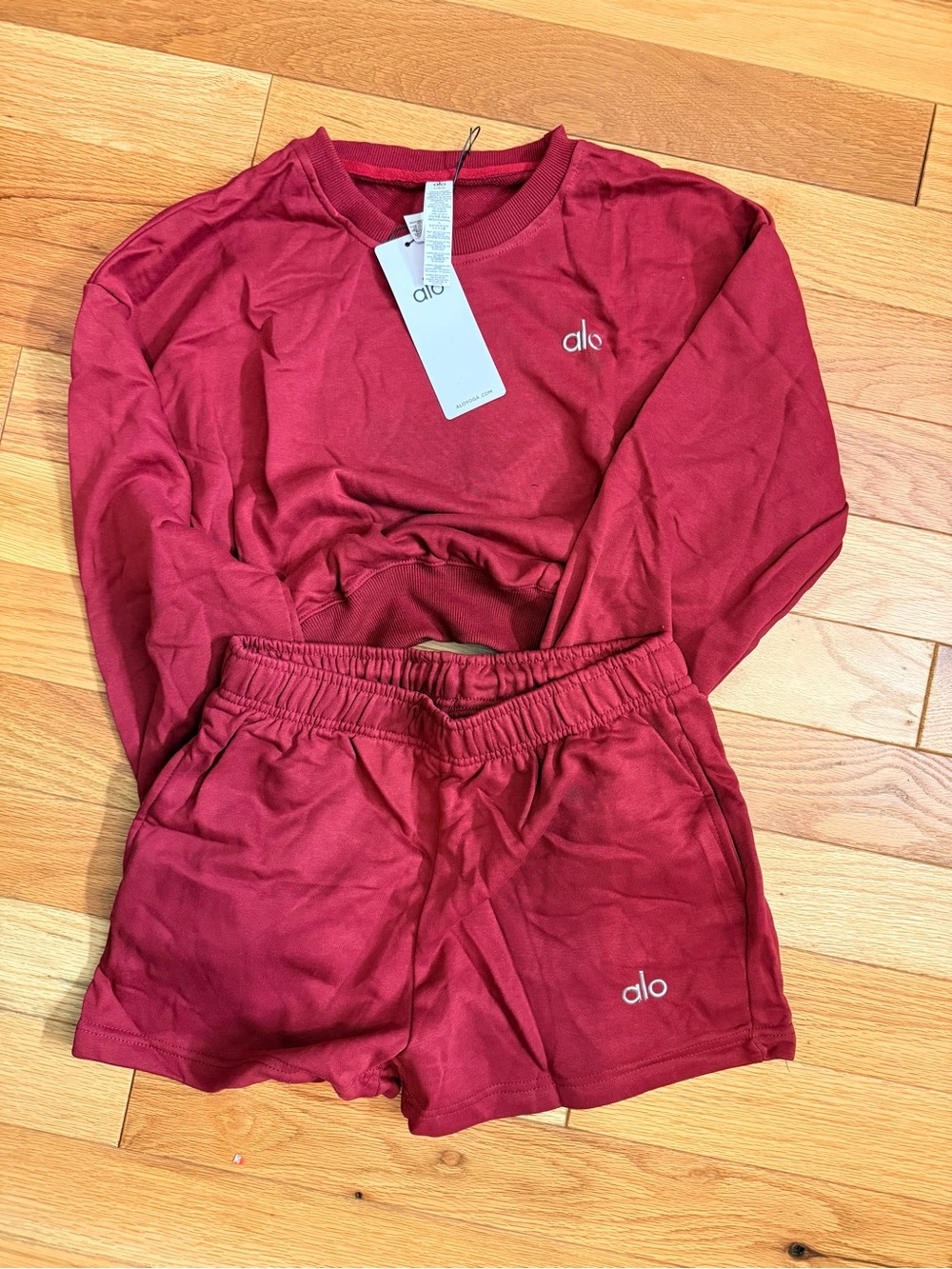 Size L ALO Yoga Maroon Crewneck Top & Elastic Waist Shorts Set